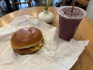 Vegan breakfast sandwich and Açaí smoothie  at Greens and Grains in Boca Raton