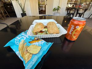 Full Meal: Coconut Bacon, Lettuce, Tomato - Uglies Sea Salt Chips, Orange Poppi at Greens and Grains in Boca Raton