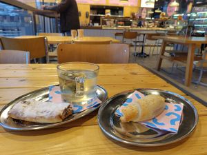 Pictured: very tasty spinach roll, apfelstrudel and a ginger-lemon tea. at Bakery Bakery in Basel-stadt
