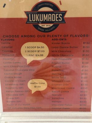 Dairy free gelato options listed   at Lukumades Jacksonville Beach in Jacksonville Beach