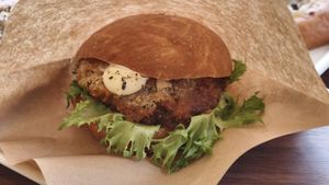 Eggplant "burger", surprisingly good at MERCY Vegan Bakery in Kyoto