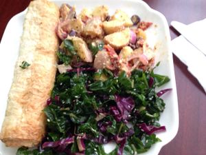 pumpkin & barley roll with lemon potato salad and spinach tofu salad  at The Forest Food Lounge in Brisbane