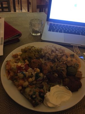 lasagna, stroganoff, bruschetta, rice balls.  at Jardim dos Sentidos in Lisbon