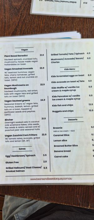 Vegan Menu at Beans and Beers Torquay in Torquay