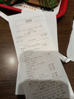 Receipt at Burger King in Luton