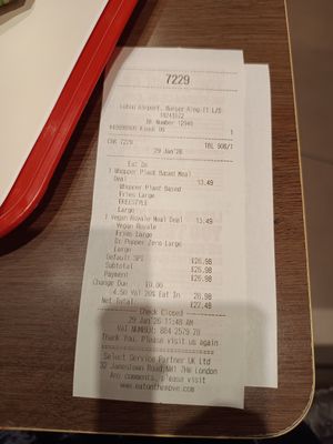 Receipt at Burger King in Luton