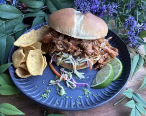 Jackfruit BBQ with Avocado Slaw... summer yum.   at The Joyful Vegan in Eugene
