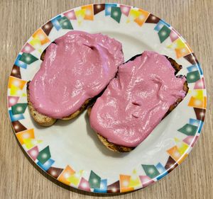 Beetroot hummus on rye at Kaleidoscope in Dubai