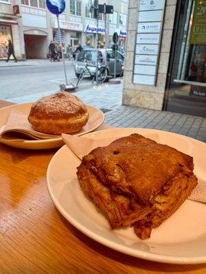 organic walnut cinnamon raison pastry and jam-filled donut  at Munich Vegan Tours in Munich