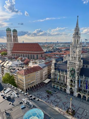 Aerial view of Marienplatz, the Neues Rathaus and Frauenkirche at Munich Vegan Tours in Munich