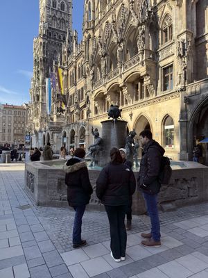 At one of the stops on the Old Town tour, Marienplatzz  at Munich Vegan Tours in Munich