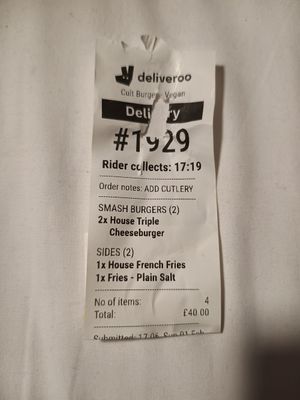 Receipt at Cult Burger in East London
