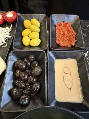 Acuka and Tahin and olives  at Siyah Cafe & Breakfest in Istanbul