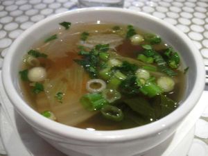Clear vegetable soup (yummy) at Pukk in New York City