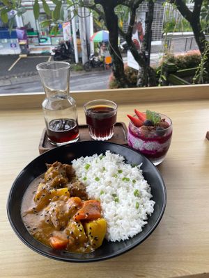 Lamb curry, chia pudding, and filtered coffee at Botanicals Coffee and Eatery in Seminyak