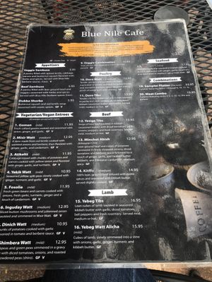 Menu at Blue Nile Cafe in Kansas City