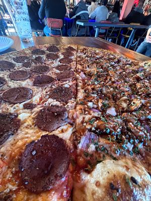½&½ vegan pepperoni and vegan bbq chick'n at Mikey's Late Night Slice - Dayton in Dayton