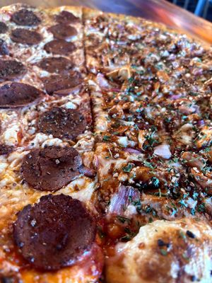 ½&½ vegan pepperoni and vegan bbq chick'n at Mikey's Late Night Slice - Dayton in Dayton