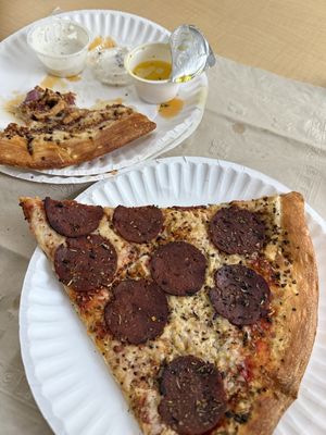 Vegan pepperoni slice (and vegan BBQ chicken in the background)  at Mikey's Late Night Slice - Dayton in Dayton