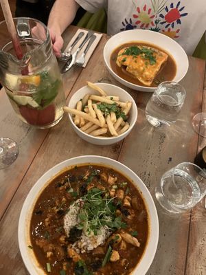 White sangria jug, francesinha & Arroz De Marisco  at Plantuguese in Bristol