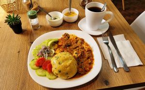 Tigrillo breakfast at Marina's Vegan Restaurant in Cuenca