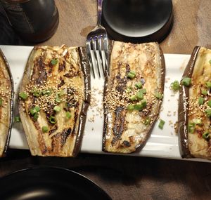 Misa grilled eggplant with sesame seeds and scallions (vegan) at Ursa Kitchen in Mammoth Lakes