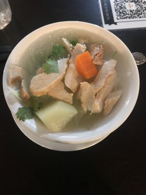 Tom Woon Sen soup with “chicken” - so good at My Thai Vegan Cafe in Boston