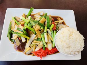 This was a lobster dish!  The tofu skin they wrapped this in to create the lobster look and taste was everything!    at My Thai Vegan Cafe in Boston