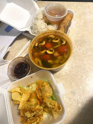 Wontons, spring rolls, and TomYum Gai soup  at My Thai Vegan Cafe in Boston
