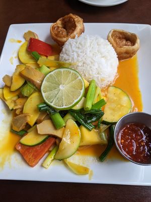 Mango curry with v chick'n and two dumplings at My Thai Vegan Cafe in Boston