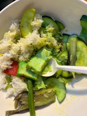 The tofu looks like it was dyed green with food coloring at My Thai Vegan Cafe in Boston