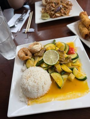 Lunch options are very good! Comes with dumplings or a spring roll and a bowl of soup too. The imitation meat is made of seitan and tastes quite good too. at My Thai Vegan Cafe in Boston