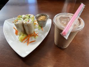 fresh salad rolls and red bean bubble tea!  at My Thai Vegan Cafe in Boston