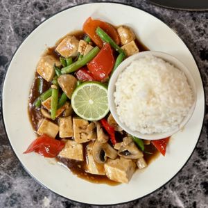 Tofu and string beans  at My Thai Vegan Cafe in Boston