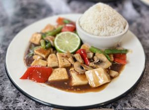 Tofu and string beans  at My Thai Vegan Cafe in Boston