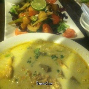 we got chicken fingers, yellow curry soup, the duck, beef and broccoli, shrimp lomein, and I had an avocado smoothie and we also had hot tea! at My Thai Vegan Cafe in Boston