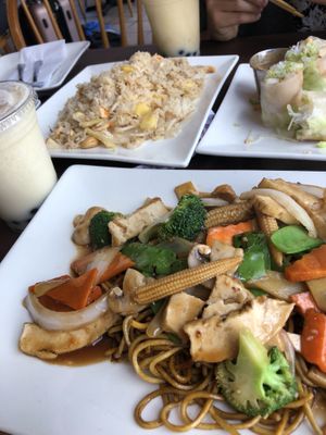 bubble tea, stir fry, fried rice, spring rolls  at My Thai Vegan Cafe in Boston