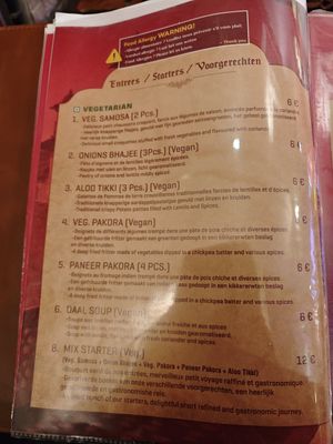 Menu at Royal Indian Restaurant in Brussels