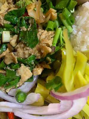 ⚖️🌏🇵🇸🇹🇭 ข้าวกะเพราไก่ Stir-fried Plant-based Chicken with Hot Basil and Rice 🇲🇲🇵🇸👩🏽‍🍼🌍⚖️🌎🇵🇸 🇵 at J-DEE VEGAN in Chiang Mai
