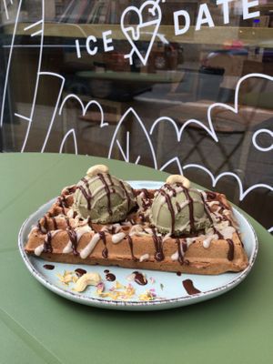Waffle with Matcha ice cream at Café iceDate in Munich