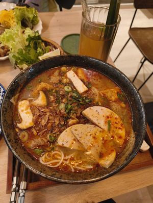 Spicy rice noodle soup with various meat substitutes and tofu at Little Garden in Erlangen