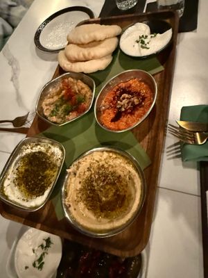 Mezze platter (all but the labneh is vegan) at Sara's Kitchen in Saratoga Springs