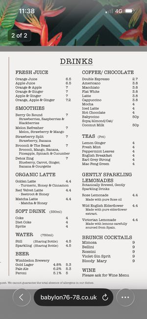 Menu  at Babylon in London