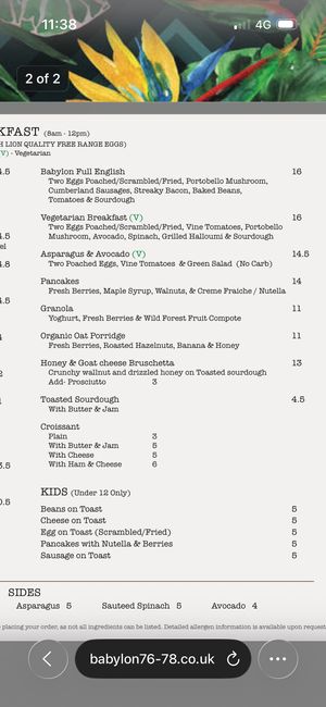 Menu avocado toast   at Babylon in London