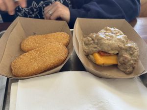 Hashbrowns, biscuits and gravy. Don’t know what the fake bacon is, but it tastes good!  at Pure Soul Kitchen Co. in Sacramento