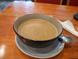 Starter soup before main at Himalaya Vegan Organic Restaurant in New York City