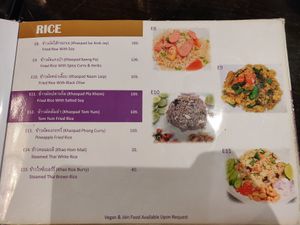 Menu: rice dishes at Kruaboon Thai in Bangkok
