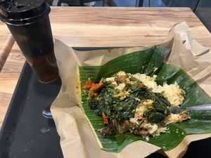 Pandawa with jackfruit curry (the best I’ve ever had), spinach (check for fish sauce), green beans and potatoes, and the normal giant sized grass jelly drink  at Pandawa Nasi Bungkus Australia in Sydney