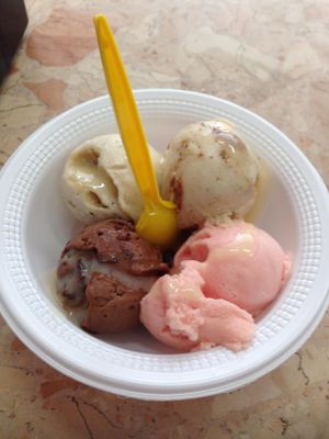 Some of the vegan options: brazil nut, banana, chocolate, watermelon, with condensed milk topping. at Soroko in Sao Paulo