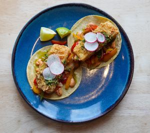 Southern fried pineapple tacos - gf, vegan, nut free   at Antojitos Cantina in Edinburgh